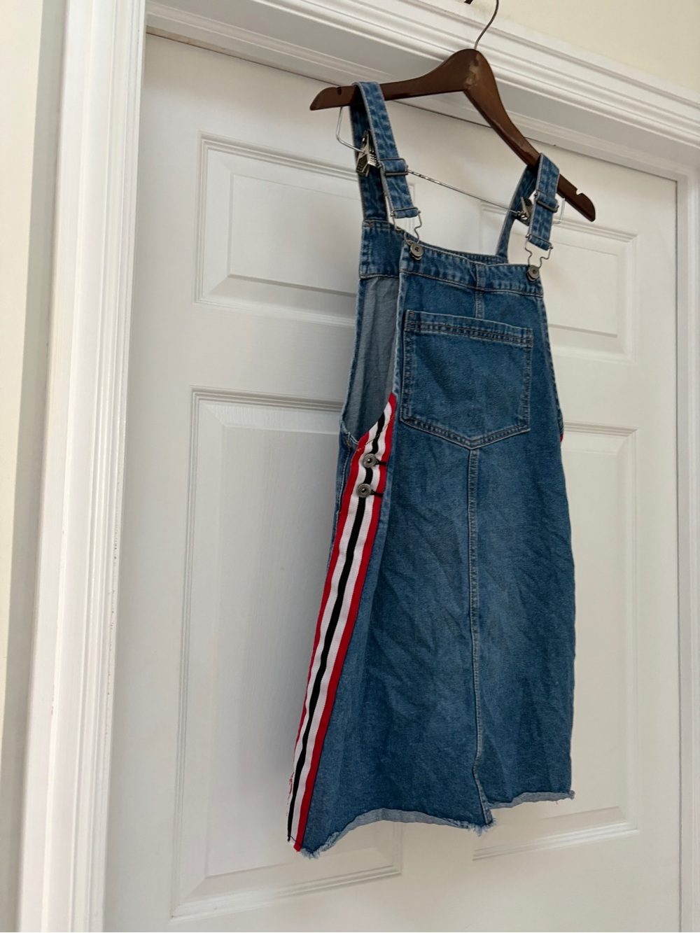 H&M Blue Denim Pinafore Dress with Red & White Side Stripes